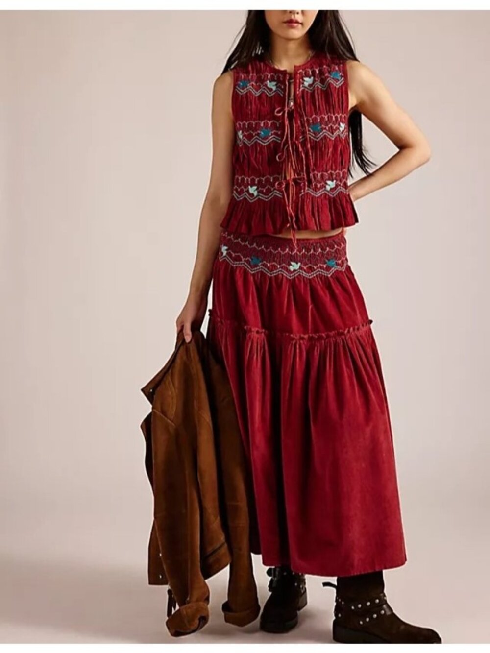 Free People Terra Smocked Maxi Skirt Set Festival Boho Chic Embroidered Women XS